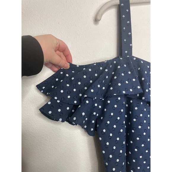 J.Crew Sz 6 Polka Dot Cold Shoulder Top Blue White Ruffle Tiered Cotton Textured - Picture 6 of 13